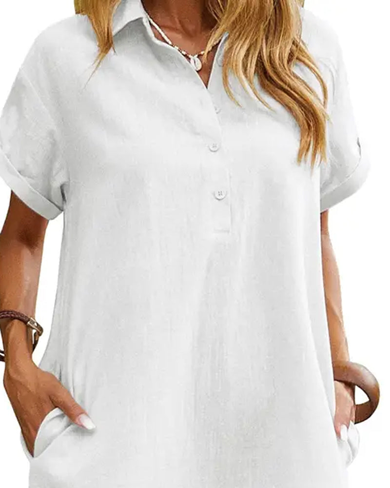 Lapel Button Split Short Sleeve Casual Dress casual dresses spring summer