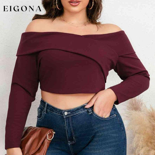 Plus Size Off-Shoulder Long Sleeve Cropped Top Wine CATHSNNA clothes Ship From Overseas