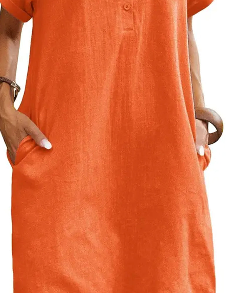 Lapel Button Split Short Sleeve Casual Dress