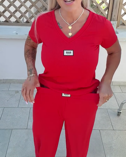 V-Neck Casual Wide-Leg Pants Suit