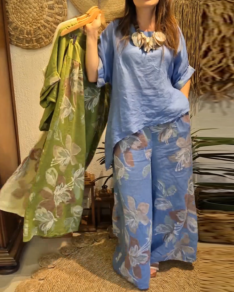 Cotton Linen T-Shirt Printed Wide-Leg Pants Set