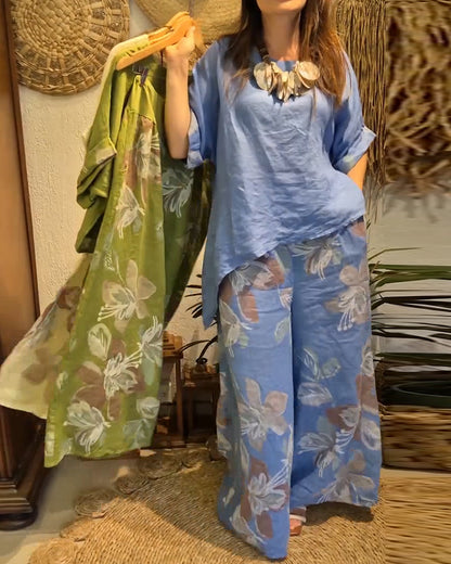 Cotton Linen T-Shirt Printed Wide-Leg Pants Set