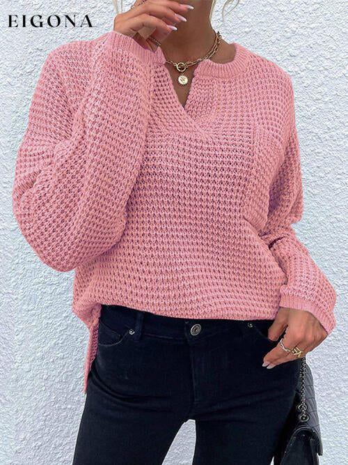 Notched Long Sleeve Sweater Dusty Pink clothes long sleeve shirts Ship From Overseas shirts top tops X.W