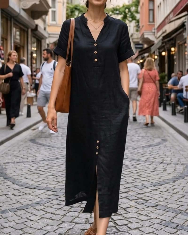 V-Neck Short Sleeve Button Dress