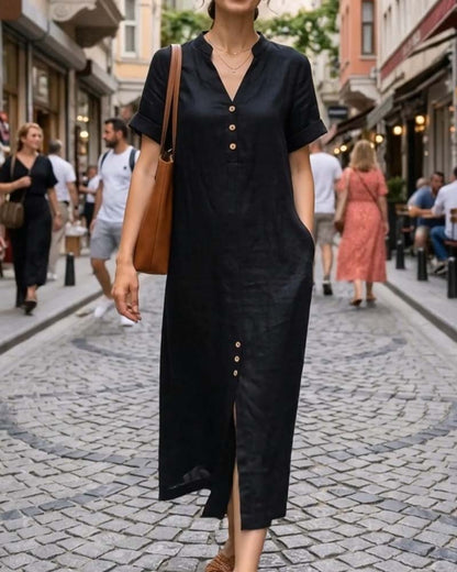 V-Neck Short Sleeve Button Dress