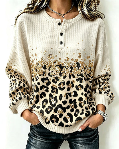 Round Neck Buttoned Leopard Print Sweatshirt