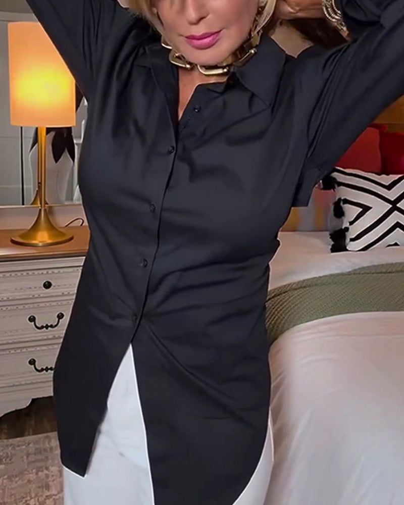 Back-Tie Collared Solid-Color Shirt