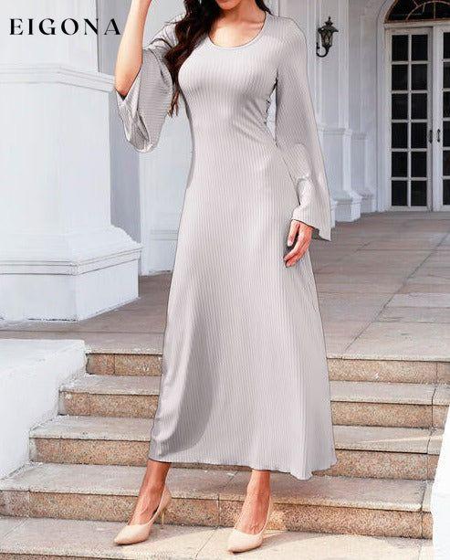 Tie Back Ribbed Round Neck Long Sleeve Dress Light Gray casual dresses clothes dresses long sleeve dress long sleeve dresses maxi dress Ship From Overseas Y&M