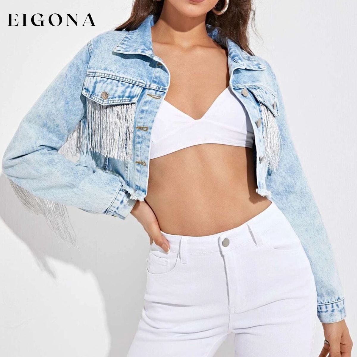 Fringe Detail Long Sleeve Cropped Denim Jacket Light ASZ@Denim clothes Denim Jacket denim jackets jean jackets Ship From Overseas Shipping Delay 09/29/2023 - 10/03/2023