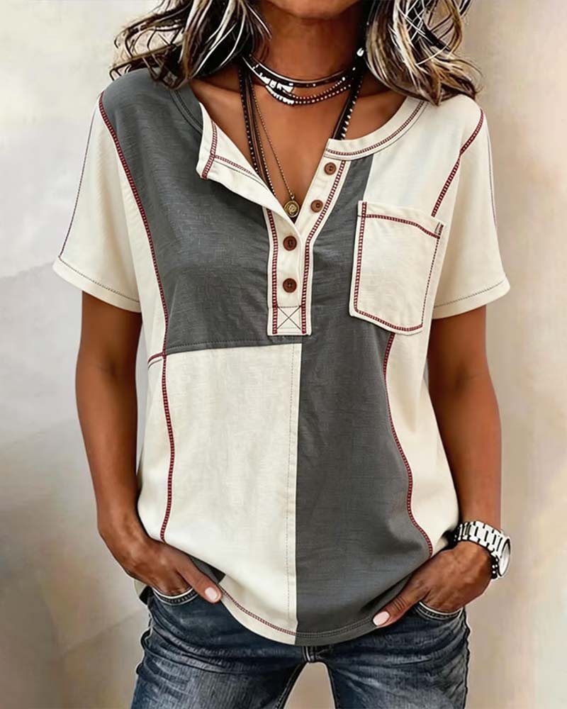 Contrast Color Crew Neck Button Patchwork T-Shirt spring summer t-shirts