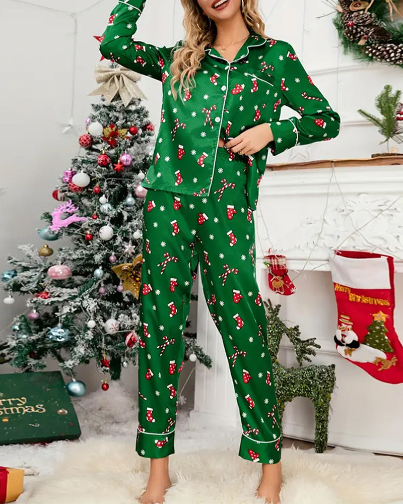 Cozy Christmas Socks Print Pajama Set 2024 f/w christmas two-piece sets