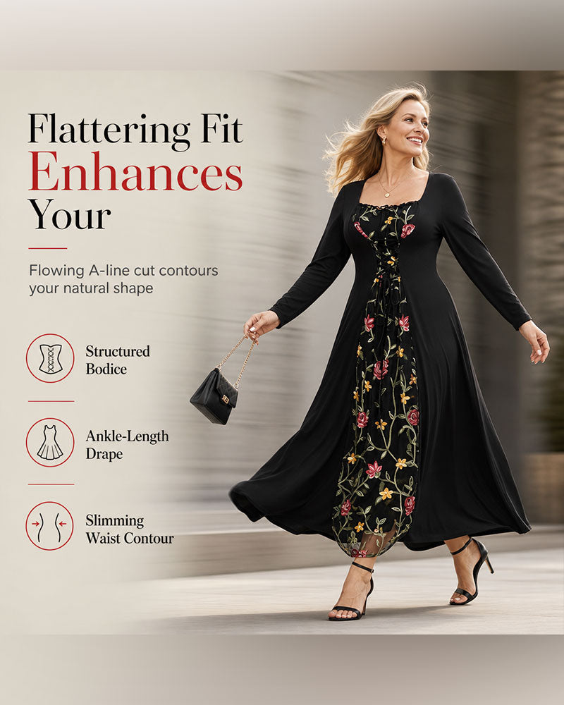 Square Neck Rose Spliced Maxi Dress 2024 f/w casual dresses