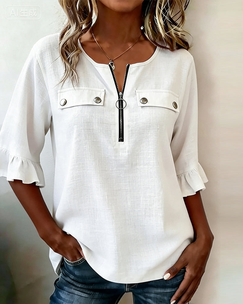 Zippered Three-Quarter Sleeve Ruffle Blouse