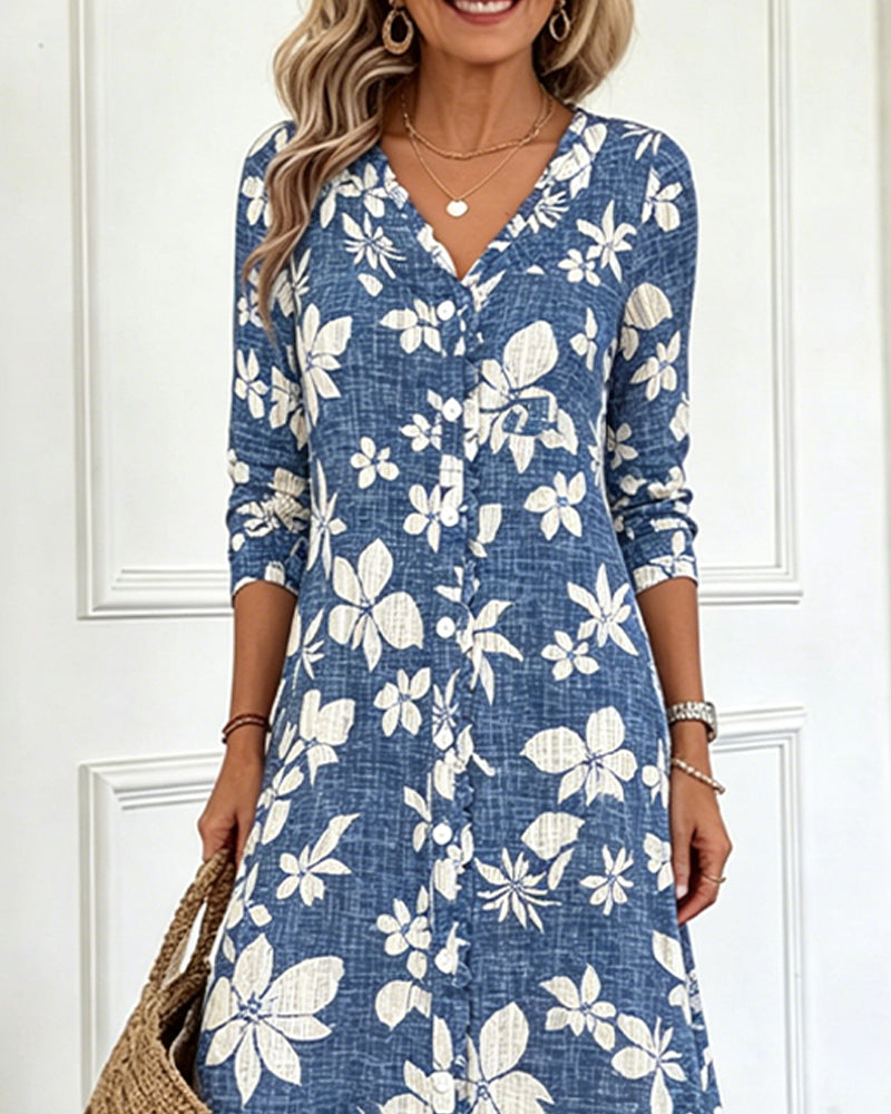 V-Neck Floral Shirt Dress