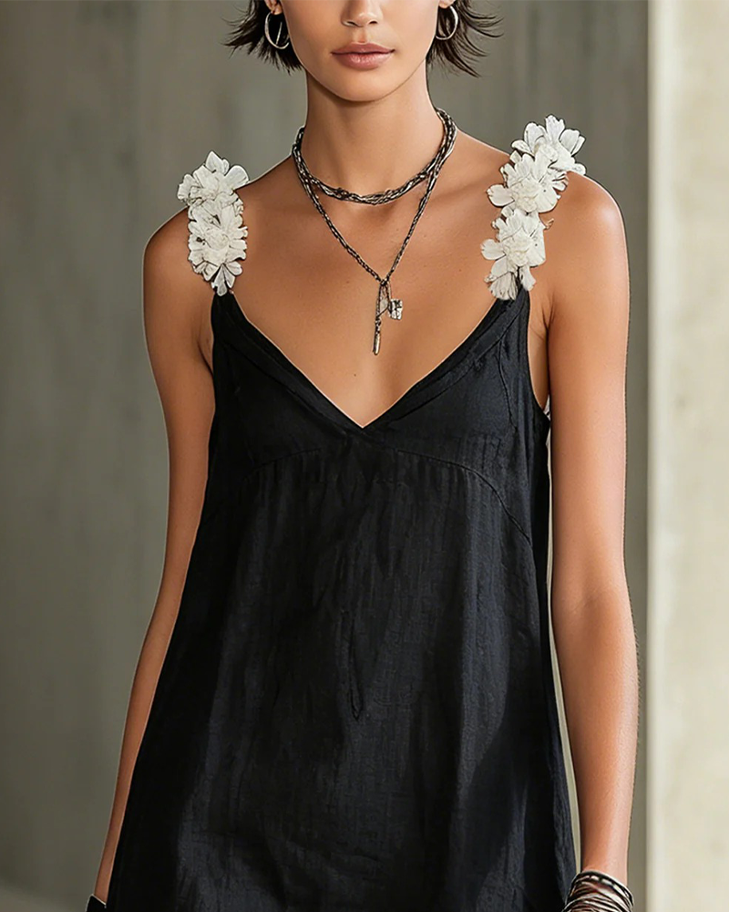 Three-Dimensional Flower V-Neck Dress