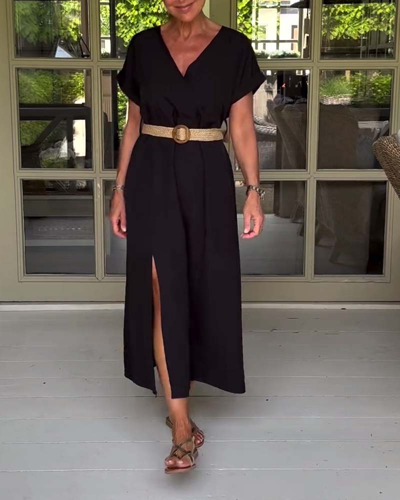 Solid color short sleeve slit dress casual dresses summer