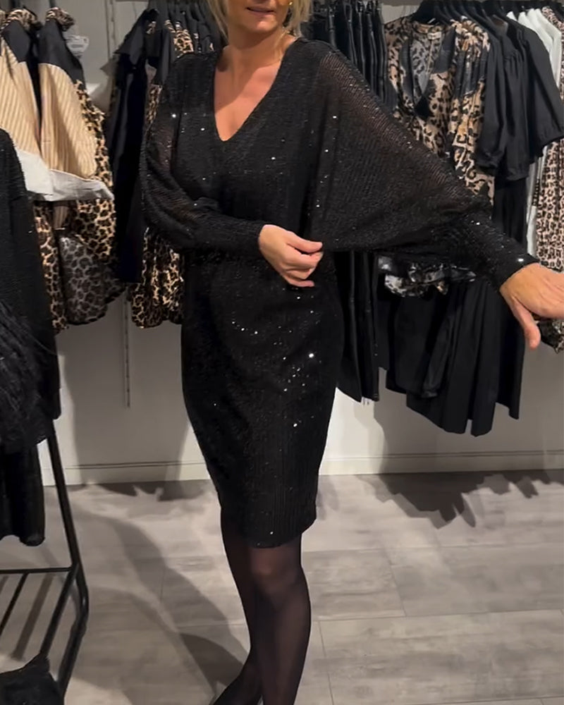 V-neck bat sleeve sequined shift dress 2024 f/w casual dresses christmas