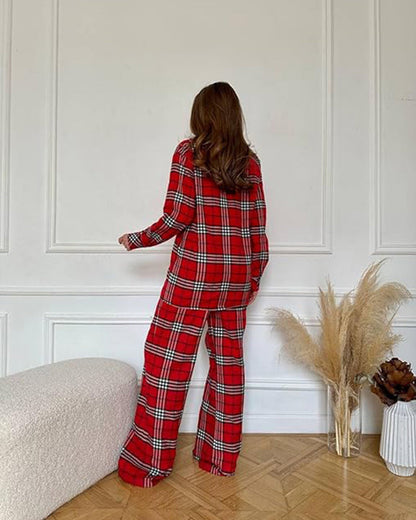 Cozy plaid long sleeve buttons lapel pajama set 2024 f/w christmas two-piece sets