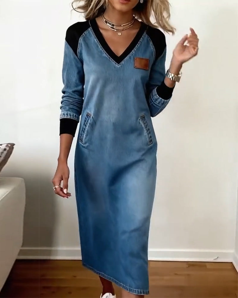 V-Neck Stitching Long-Sleeved Dress