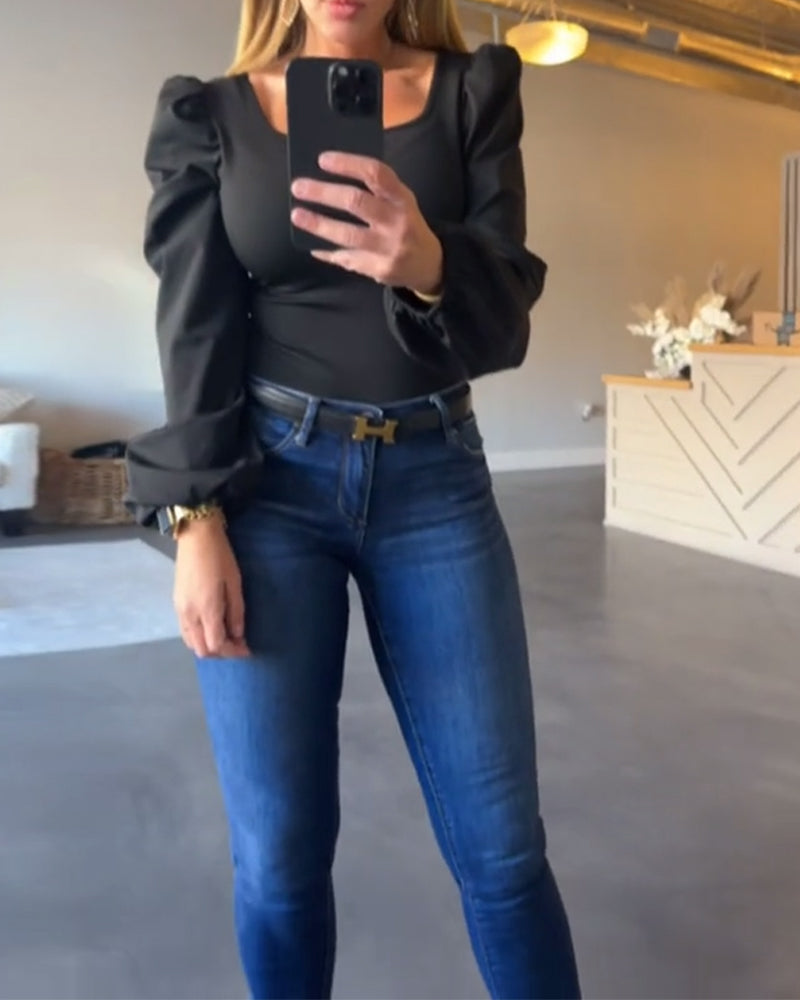 Puff Sleeve Square Collar Splicing Blouse