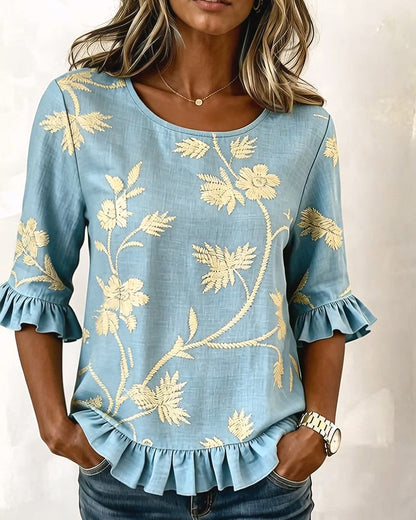 Jasmine Ruffle Round Neck Mid-Sleeve Blouse