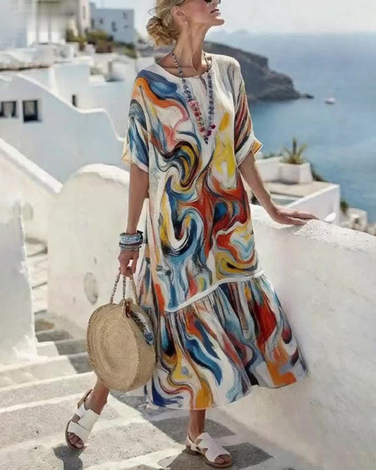 Crew Neck Oil Painting Print Dress