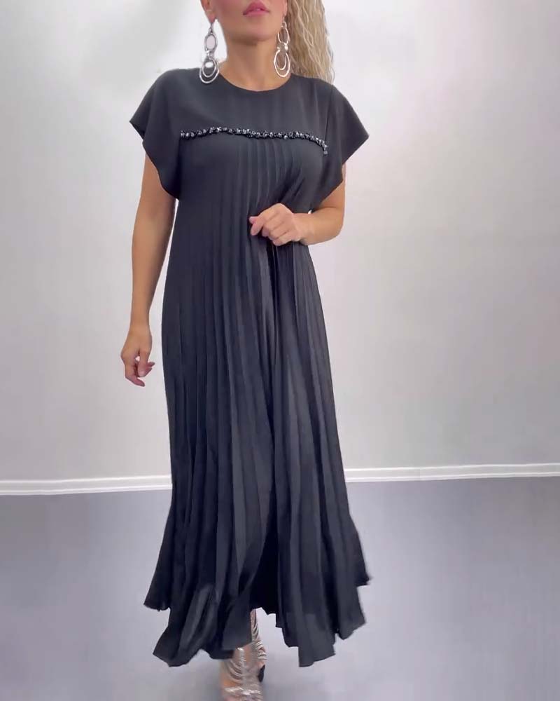 Beaded Short Sleeve Pleated Swing Dress 2024 f/w casual dresses