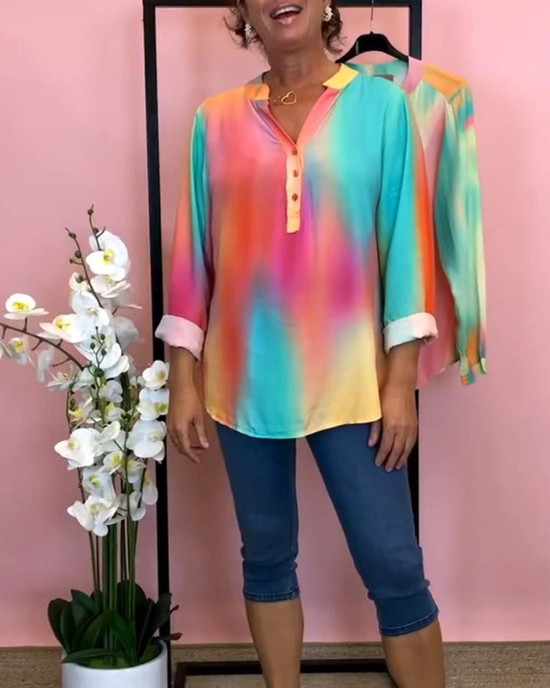 V-neck buttoned gradient long sleeve blouse blouses & shirts spring summer