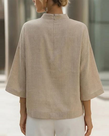 Stand Collar Three-Quarter Sleeve Solid Blouse