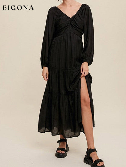 Black V Neck Bowknot Cutout Frill Tiered Maxi Dress All In Stock clothes dress dresses EDM Monthly Recomend Fabric Sheer long sleeve dress long sleeve dresses maxi dress maxi dresses Occasion Daily Print Solid Color Season Spring Silhouette A-Line Style Southern Belle