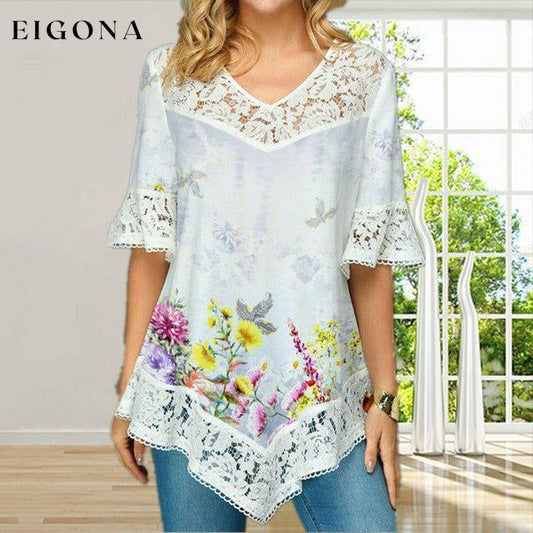 Elegant Floral Print Lace T-Shirt White best Best Sellings clothes Plus Size Sale tops Topseller