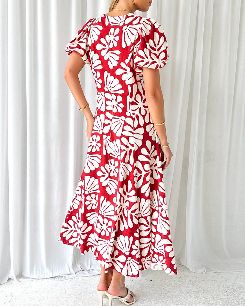 Elegant printed V-neck lantern sleeve dress 202466 casual dresses summer