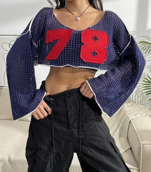 Contrast Patches Long Sleeve Cropped Knit Long Sleeve Top clothes crop top crop tops cropped top croptop long sleeve shirts long sleeve top Ship From Overseas Yh