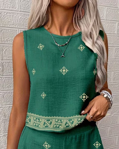 Sleeveless Crew Neck Printed Loose Set