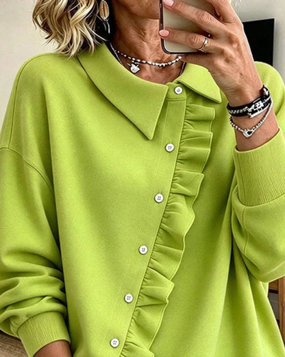 Lapel Ruffled Diagonal Button Sweatshirt