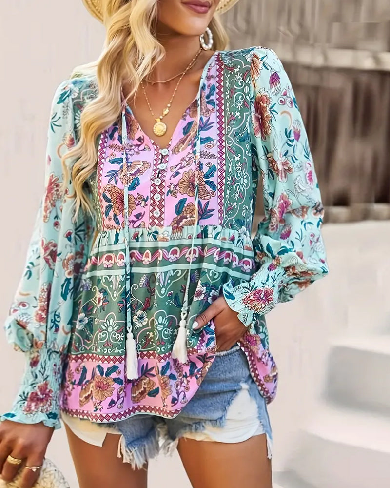 Lantern sleeve ethnic print blouse 2024 f/w blouses & shirts spring