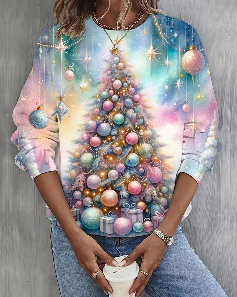 Colorful christmas tree print long sleeve casual sweatshirt 2024 f/w christmas sweatshirts