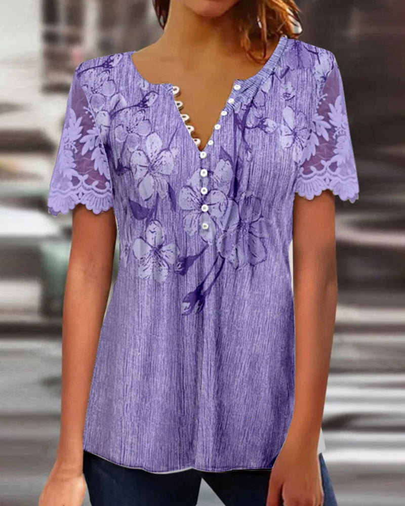 Lace Panel Round Neck Printed Blouse