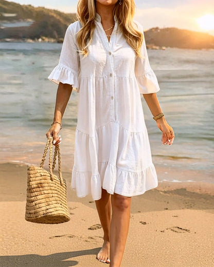Stand Collar Button Ruffle Dress