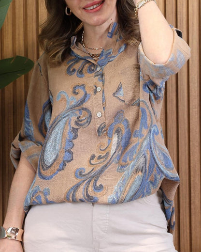 Retro pleated sleeve printed blouse blouses & shirts summer