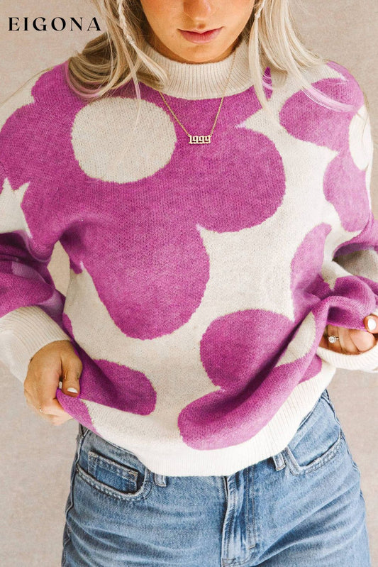 Bright Pink Big Flower Pattern Drop Shoulder Sweater Bright Pink 50%Viscose+28%Polyester+22%Polyamide clothes Color Pink Occasion Daily Print Floral Print Vintage Floral Season Fall & Autumn Style Southern Belle Sweater sweaters
