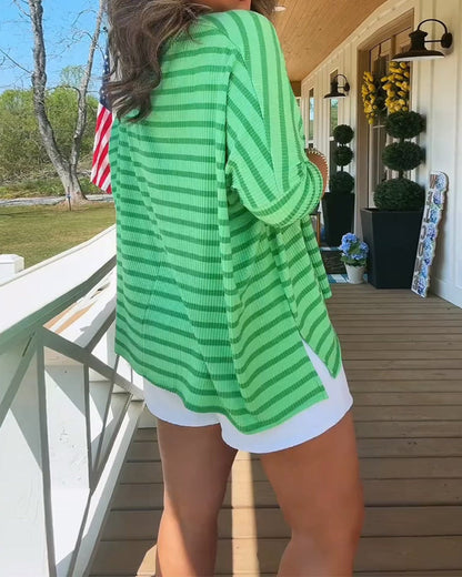 Loose Fit Stripe Slit Batwing Sleeve T-Shirt