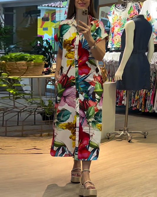 Colorful floral print lapel button dress casual dresses spring summer