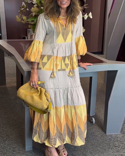 Printed bell sleeves V-neck loose dress Yellow casual dresses spring summer