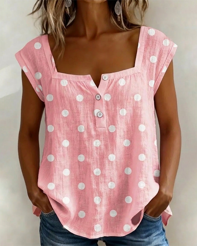 Square Neck Polka Dot Short Sleeve T-Shirt