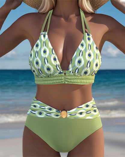 Sexy Deep V Split Print Bikini