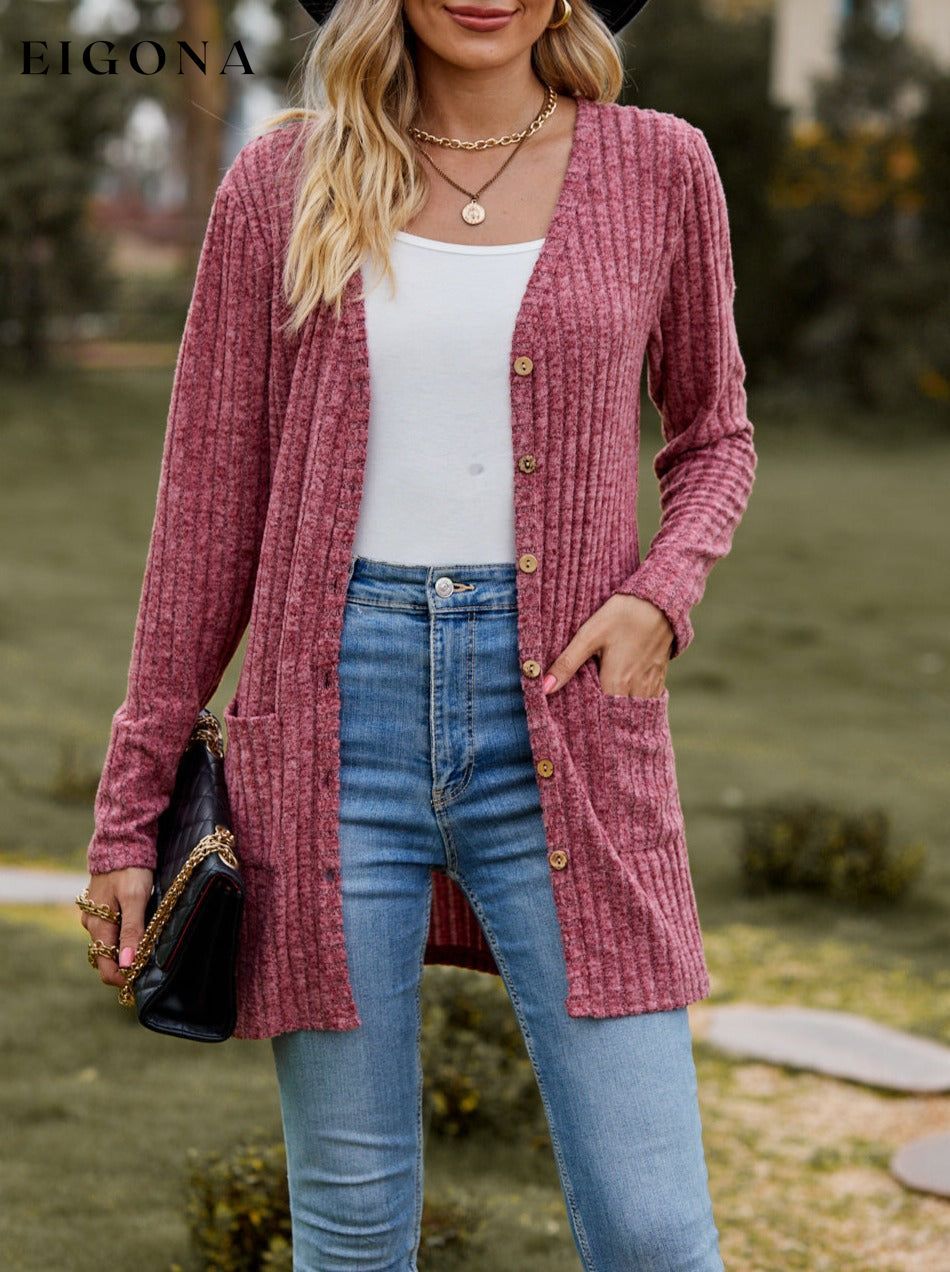 Ribbed Button-UP Cardigan with Pockets Deep Rose cardigan clothes Lamy long sleeve Ship From Overseas Shipping Delay 09/29/2023 - 10/02/2023 top