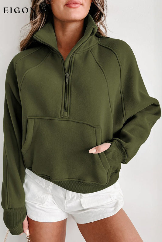 Green Zip Up Stand Collar Ribbed Thumbhole Sleeve Sweatshirt Green 50%Polyester+50%Cotton clothes Craft Patchwork Fall To Winter Occasion Daily Outerwear Print Solid Color Season Fall & Autumn Style Casual Sweater sweaters