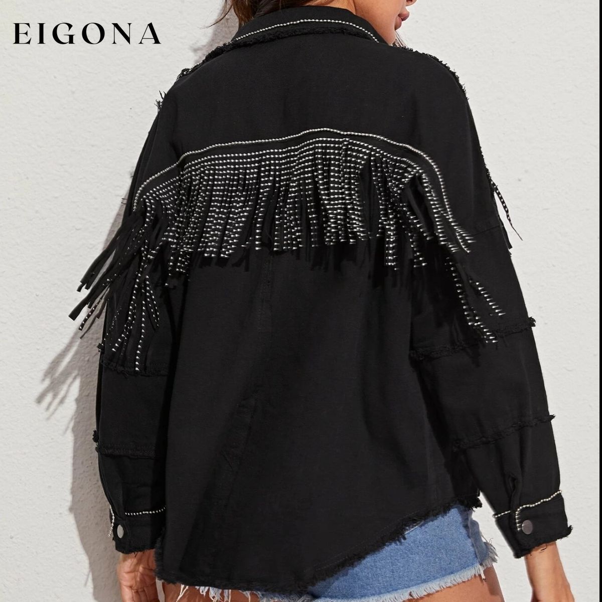 Fringe Detail Button-Down Collared Neck Denim Jacket ASZ@Denim clothes Jacket Jackets & Coats Ship From Overseas Shipping Delay 09/29/2023 - 10/03/2023