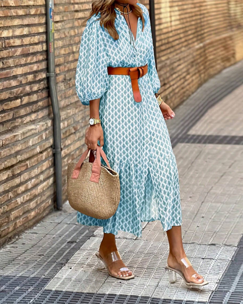 Plaid print lantern sleeve slit dress casual dresses spring summer vacation dresses